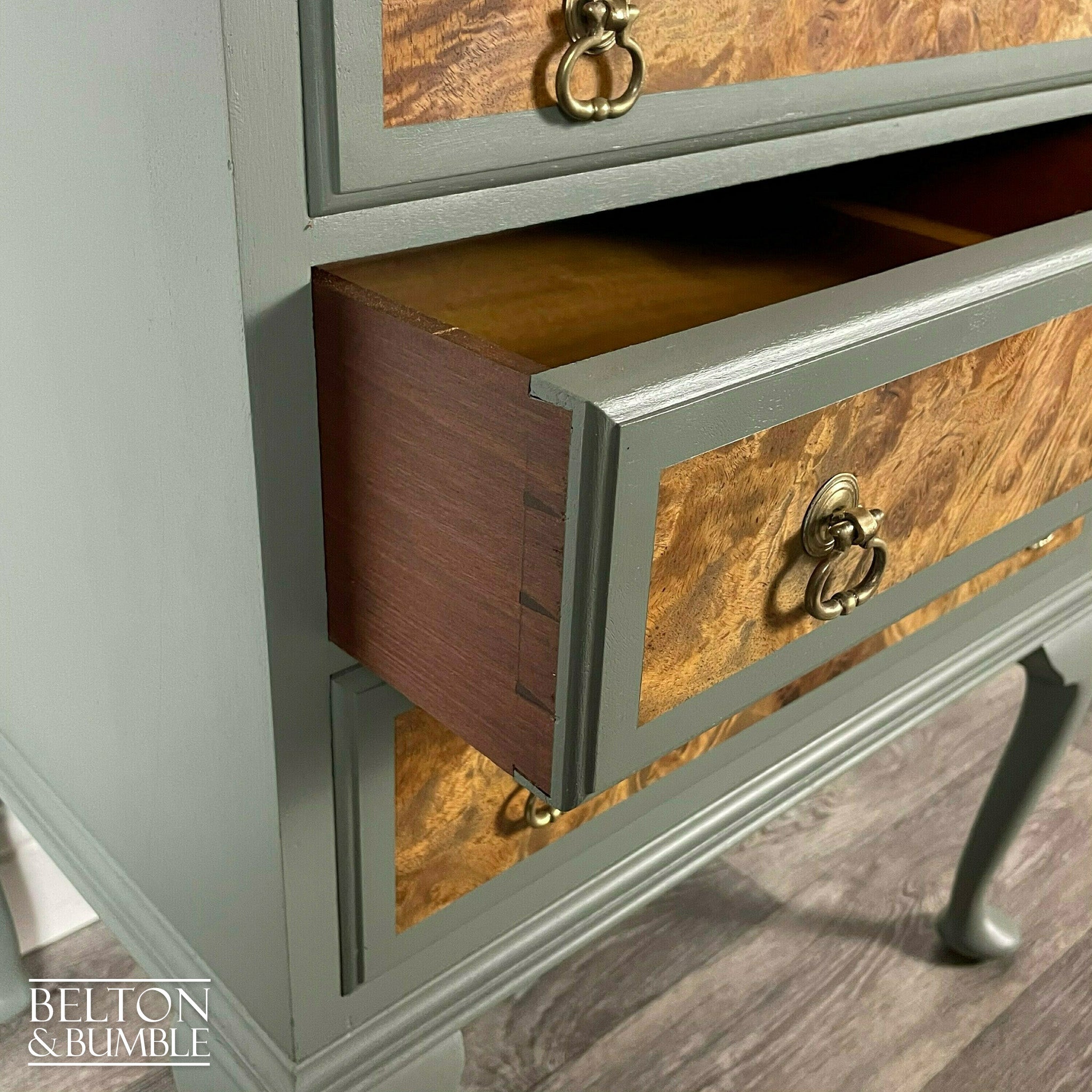 Three Drawer Chest of Drawers in Light Sage Green and Burr Walnut-Belton & Bumble