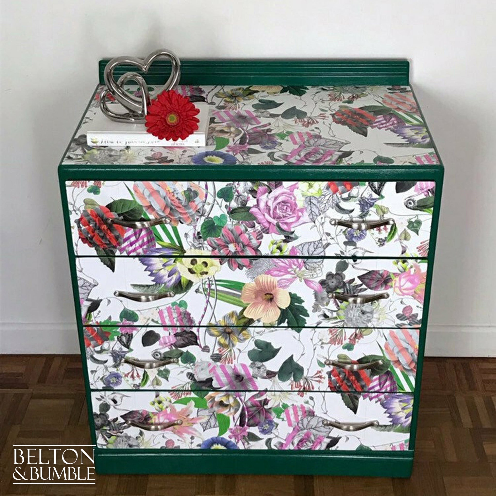 Green Four Drawer Chest of Drawers Decoupaged with Christian Lacroix Paper-Belton & Bumble
