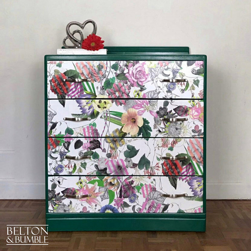 Green Four Drawer Chest of Drawers Decoupaged with Christian Lacroix Paper-Belton & Bumble