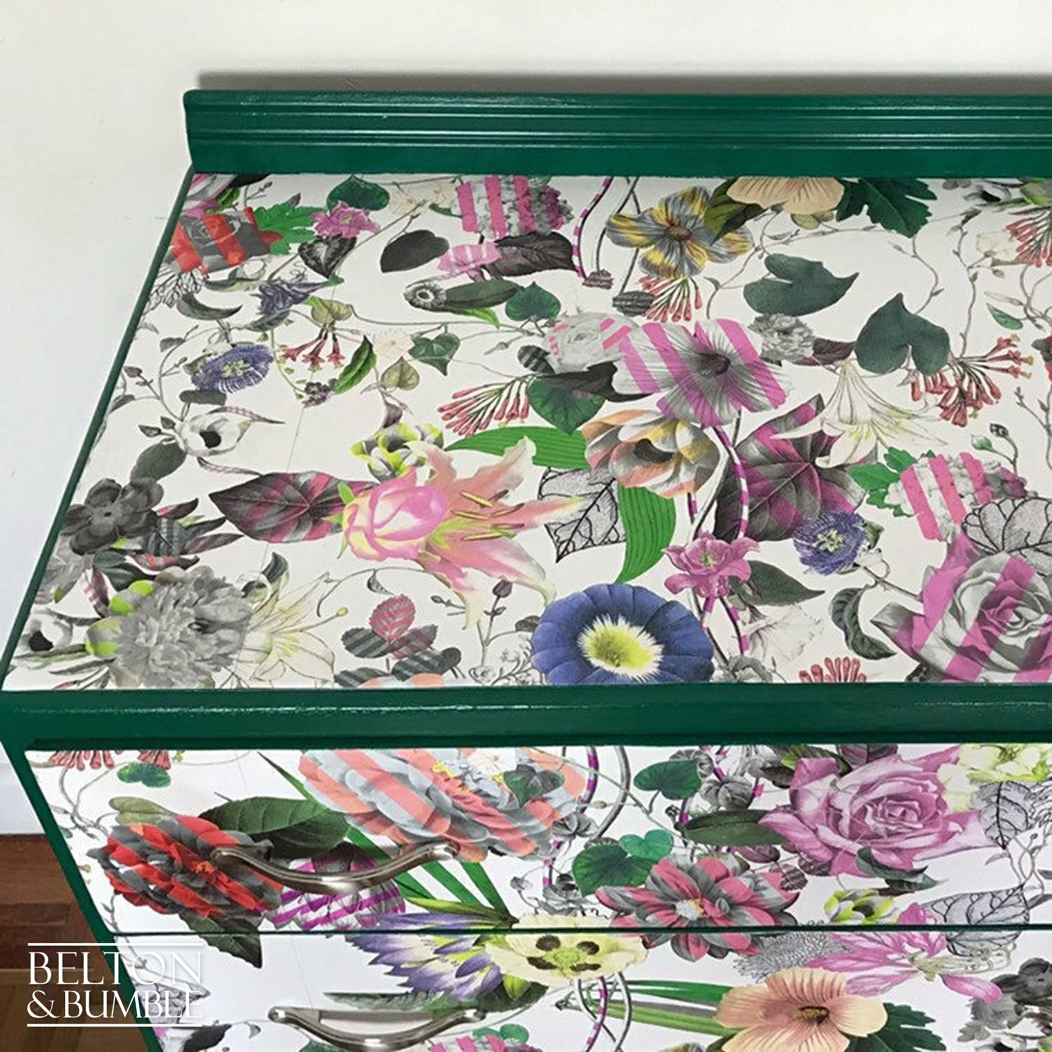 Green Four Drawer Chest of Drawers Decoupaged with Christian Lacroix Paper-Belton & Bumble