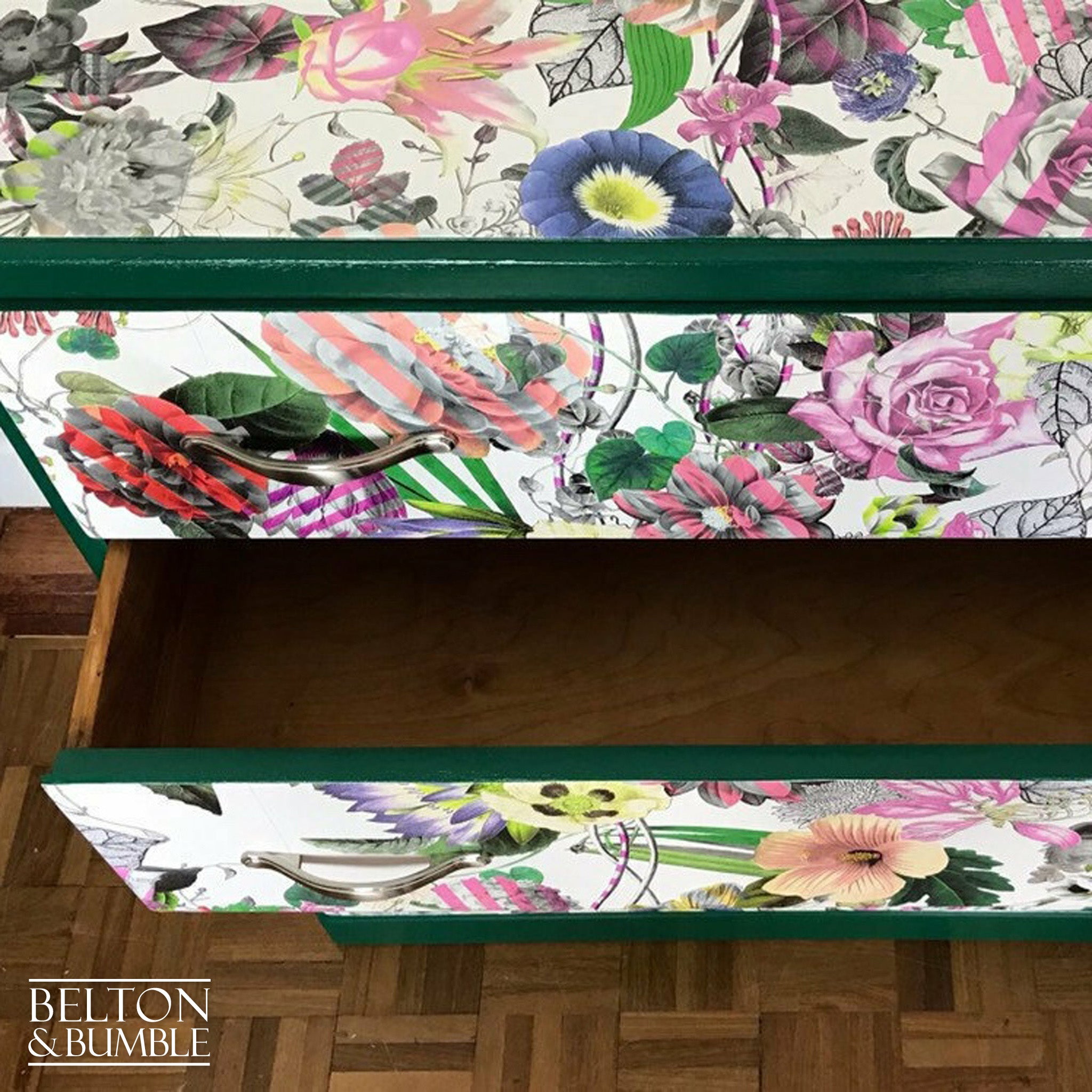 Green Four Drawer Chest of Drawers Decoupaged with Christian Lacroix Paper-Belton & Bumble