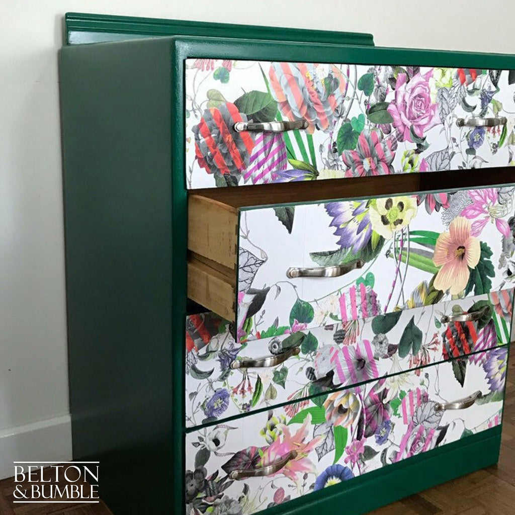Green Four Drawer Chest of Drawers Decoupaged with Christian Lacroix Paper-Belton & Bumble