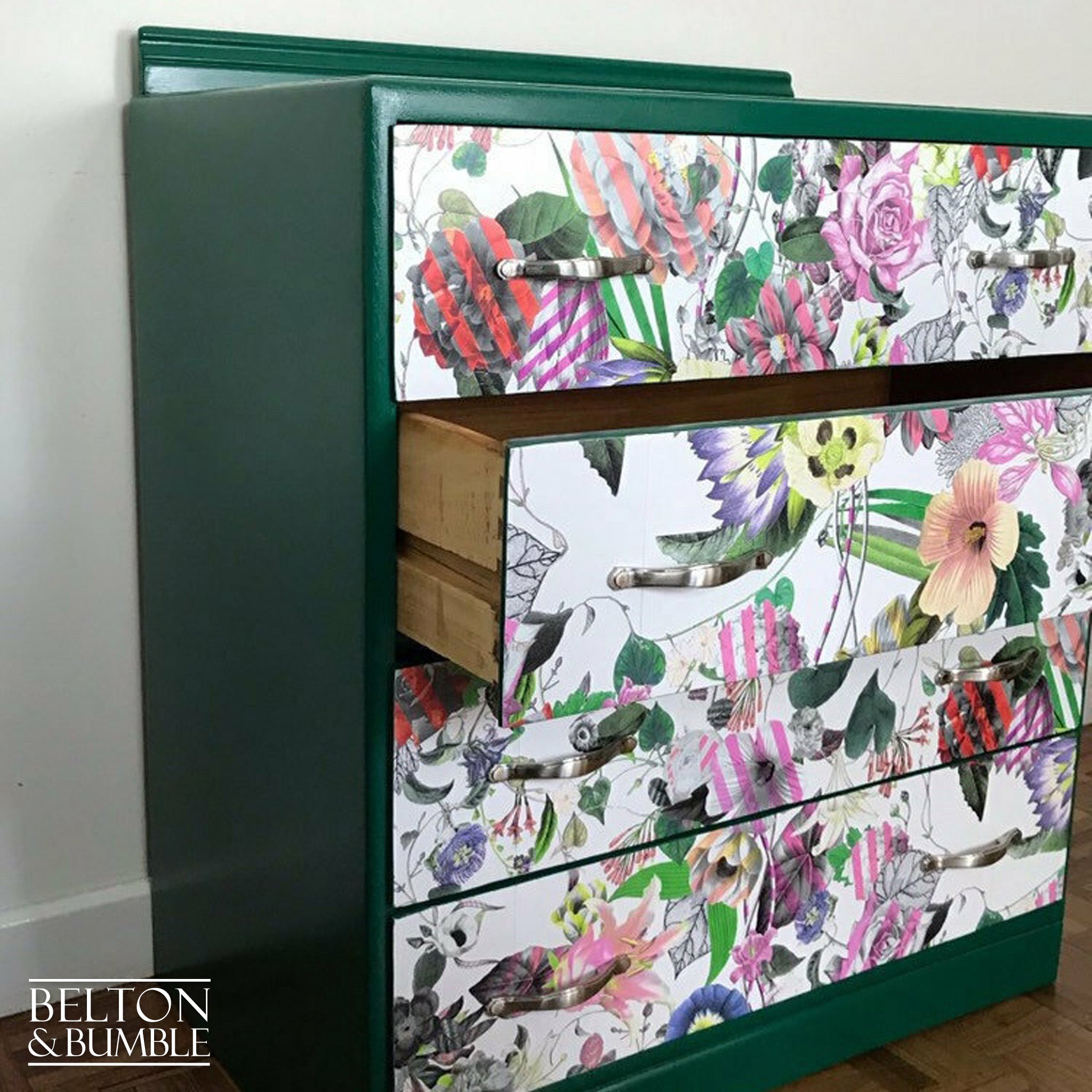Green Four Drawer Chest of Drawers Decoupaged with Christian Lacroix Paper-Belton & Bumble