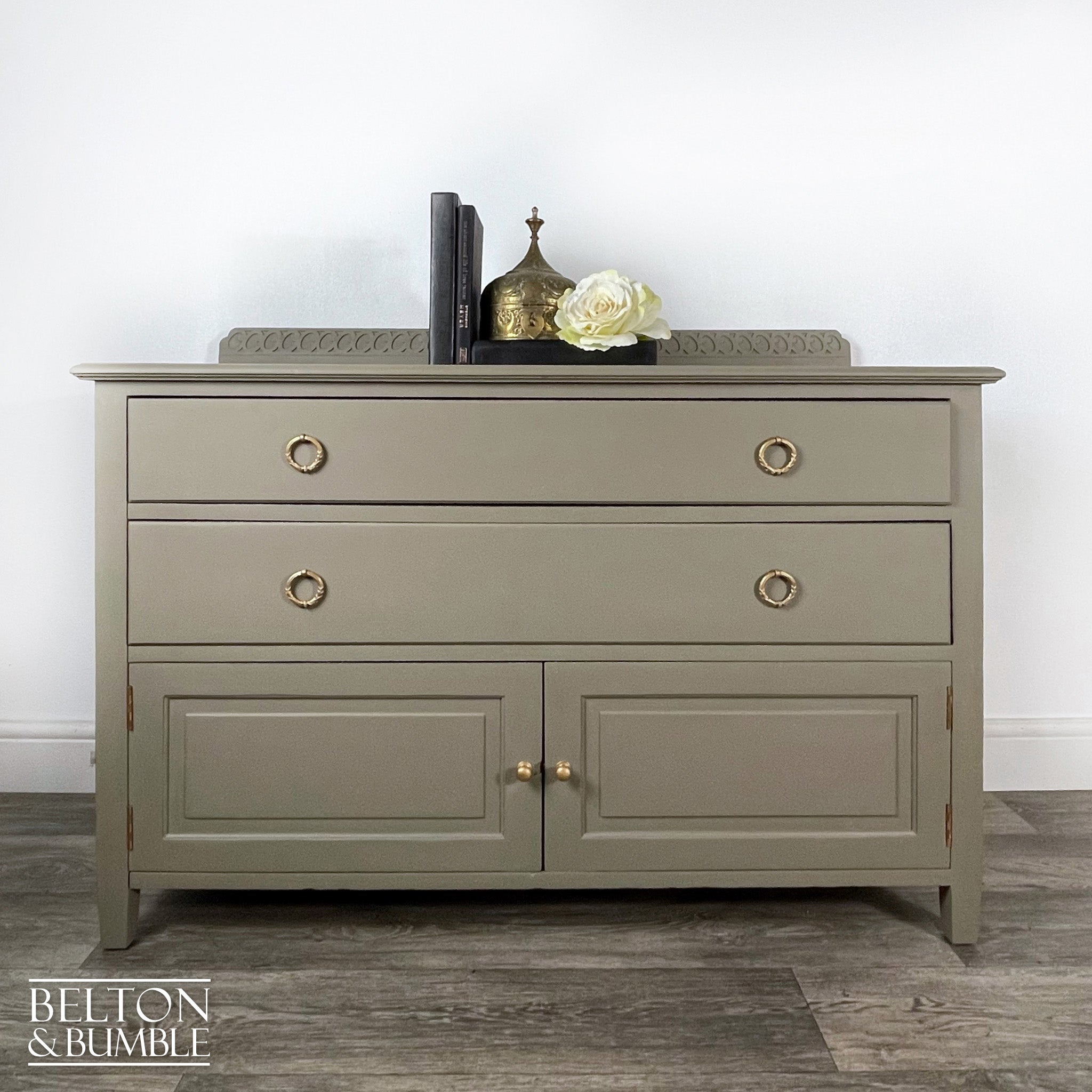 Two Drawer Chest of Drawers with Cupboard in Green Grey-Belton & Bumble