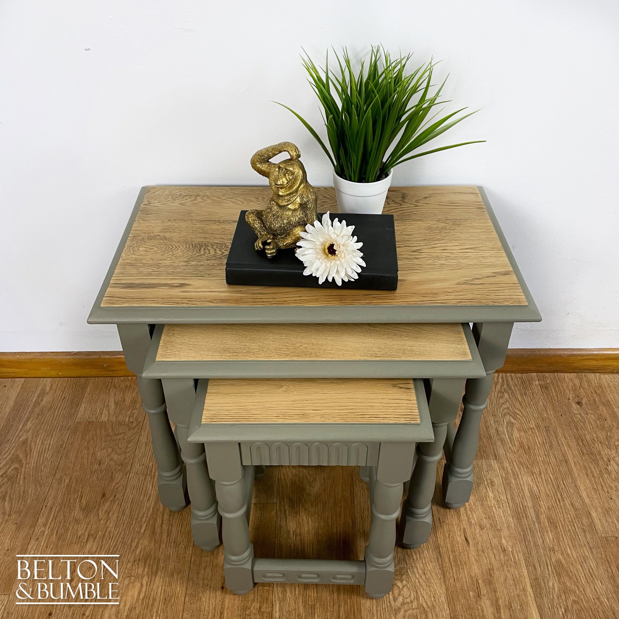 Oak Nest of Tables In Green Grey-Belton & Bumble