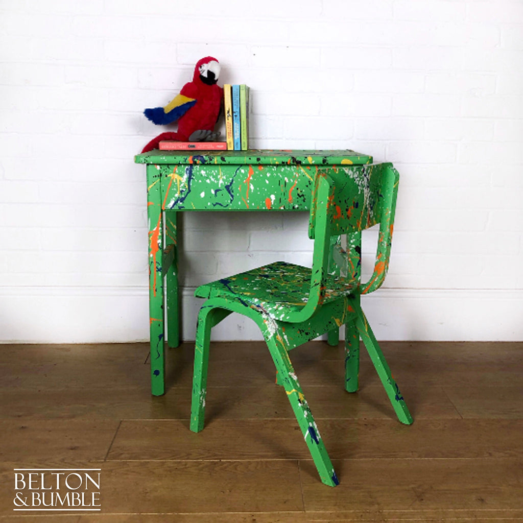 Old School Lift Lid Child’s Writing Desk and Chair in Bright Green with Multi Coloured Details-Belton & Bumble