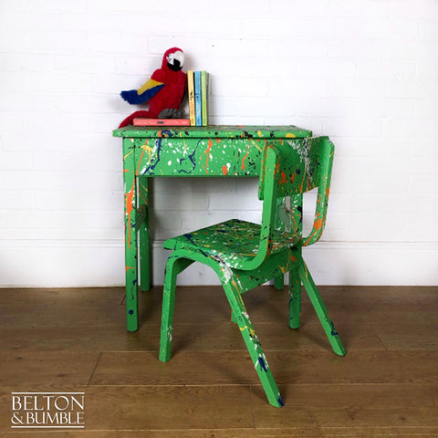 Old School Lift Lid Child’s Writing Desk and Chair in Bright Green with Multi Coloured Details-Belton & Butler