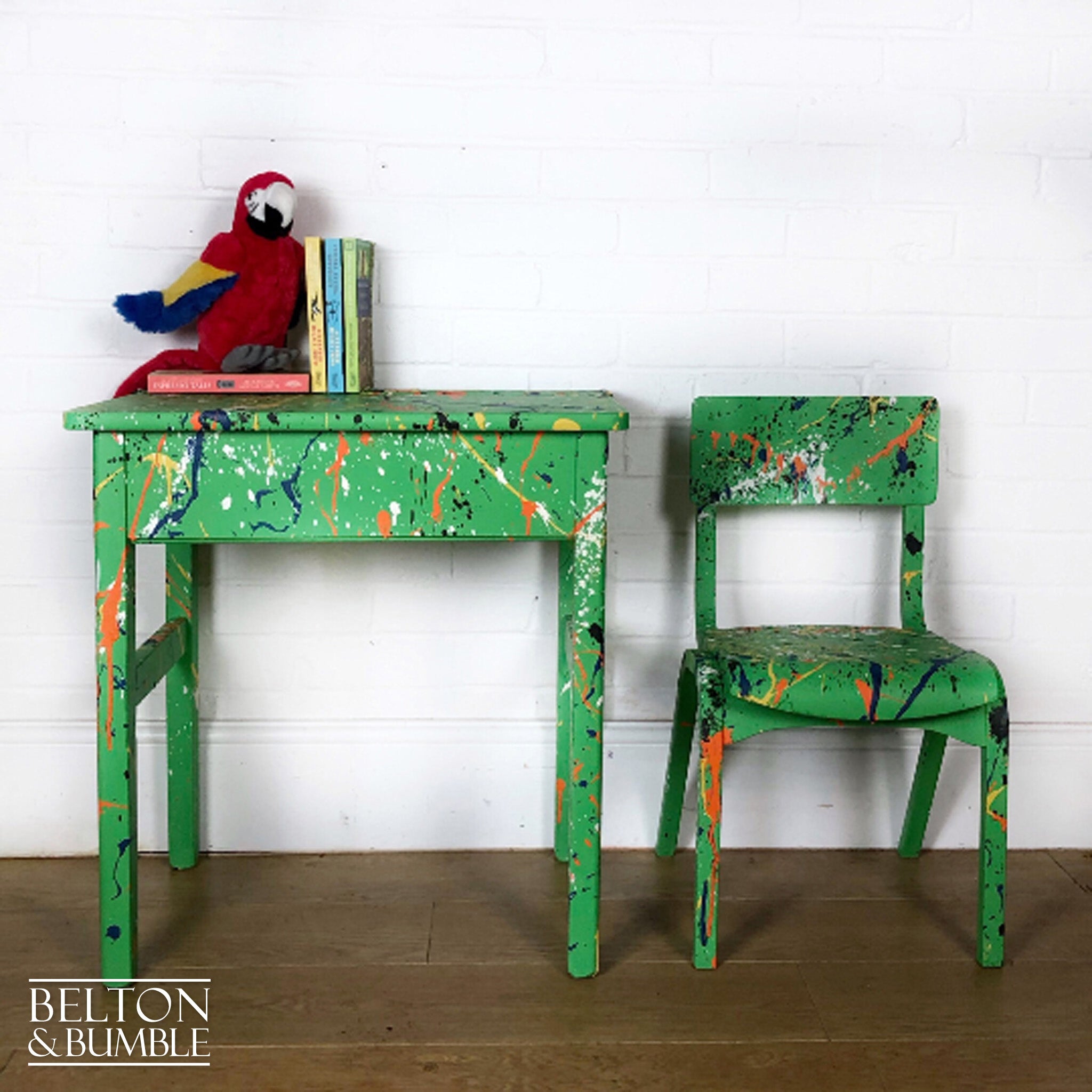 Old School Lift Lid Child’s Writing Desk and Chair in Bright Green with Multi Coloured Details-Belton & Bumble