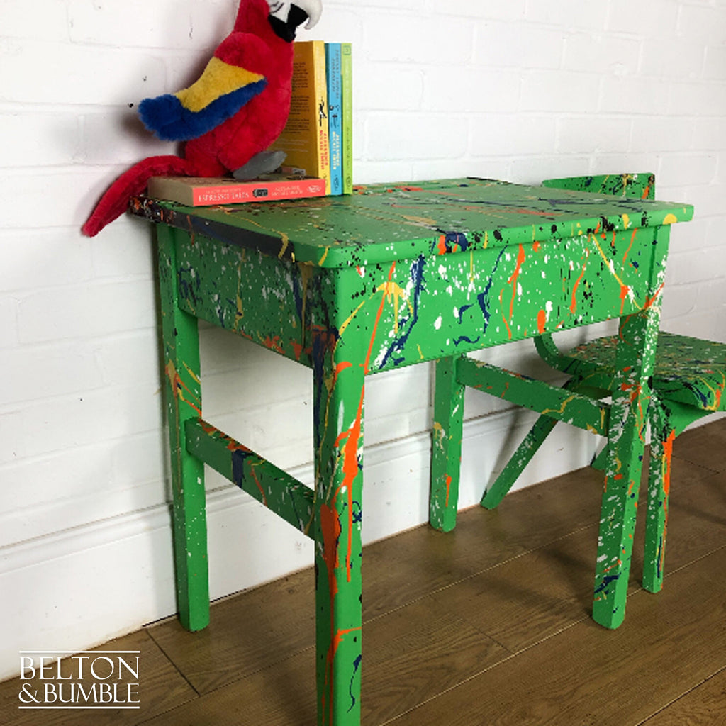 Old School Lift Lid Child’s Writing Desk and Chair in Bright Green with Multi Coloured Details-Belton & Bumble