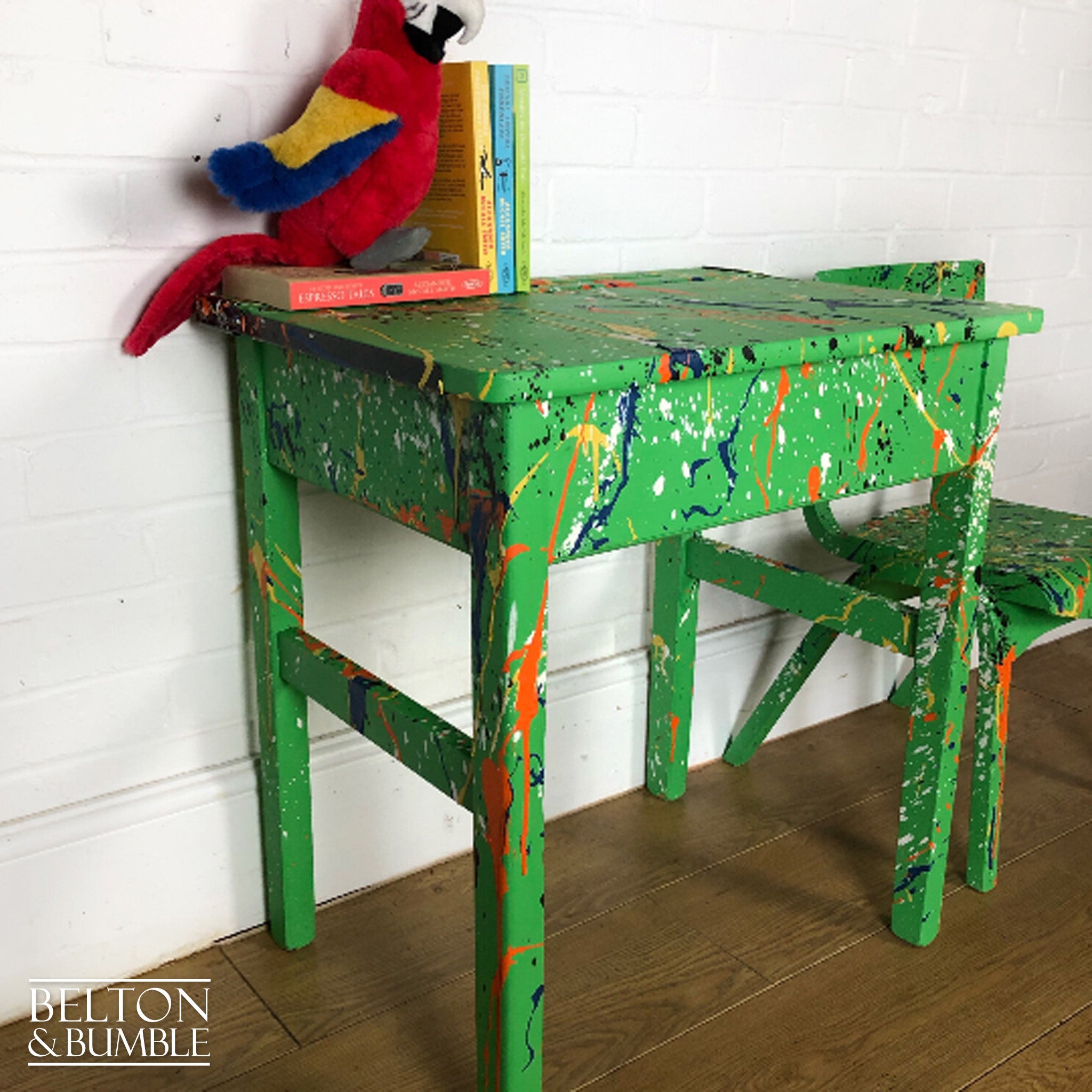 Old School Lift Lid Child’s Writing Desk and Chair in Bright Green with Multi Coloured Details-Belton & Bumble