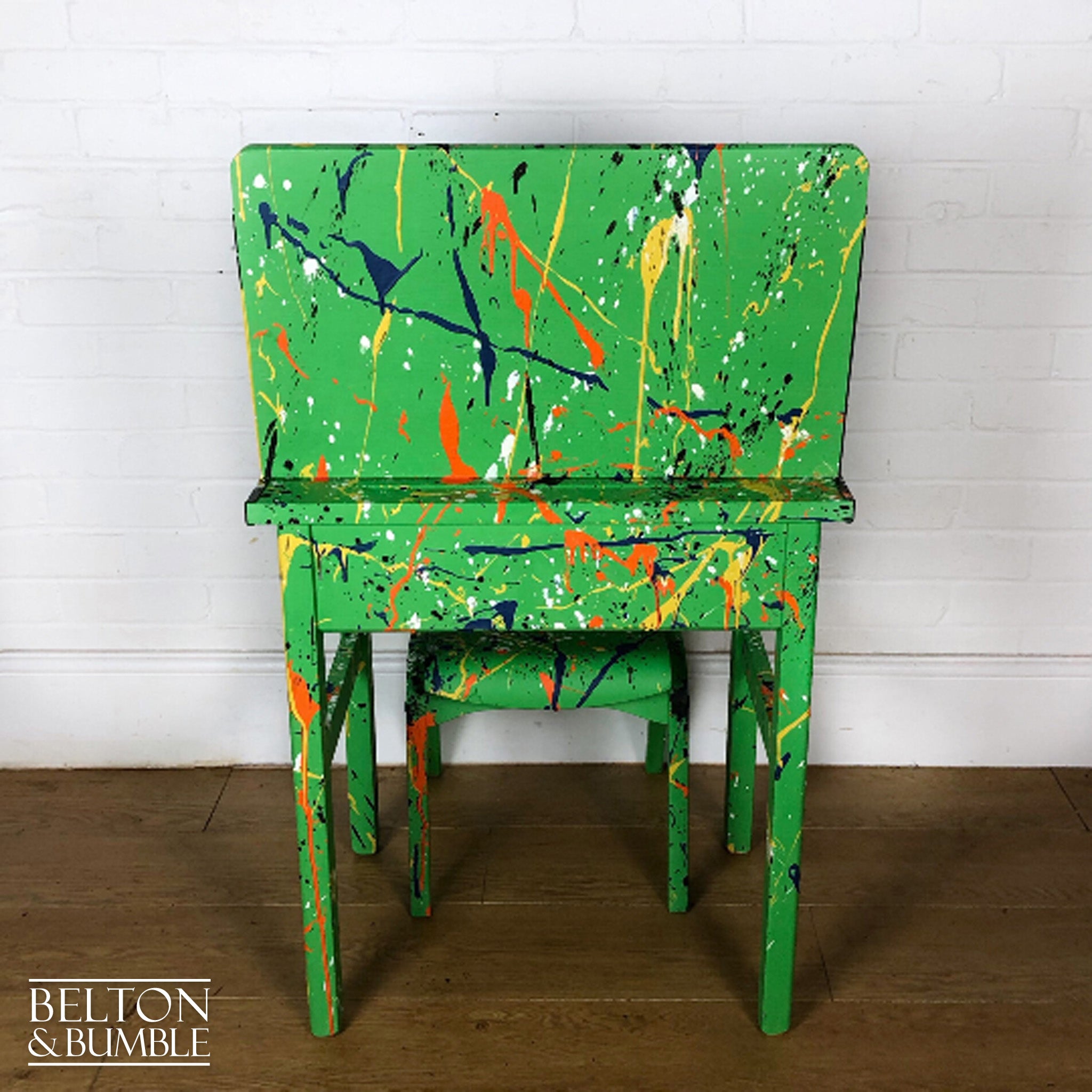 Old School Lift Lid Child’s Writing Desk and Chair in Bright Green with Multi Coloured Details-Belton & Bumble