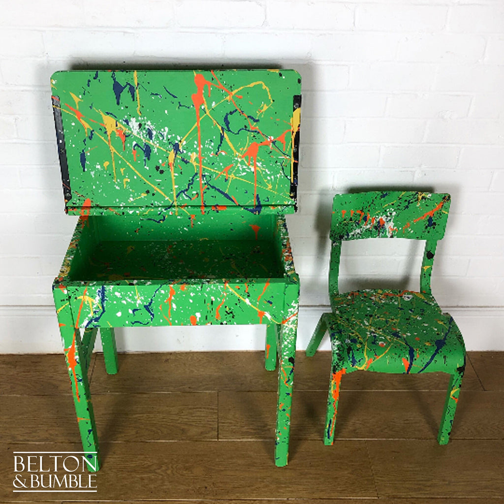 Old School Lift Lid Child’s Writing Desk and Chair in Bright Green with Multi Coloured Details-Belton & Bumble