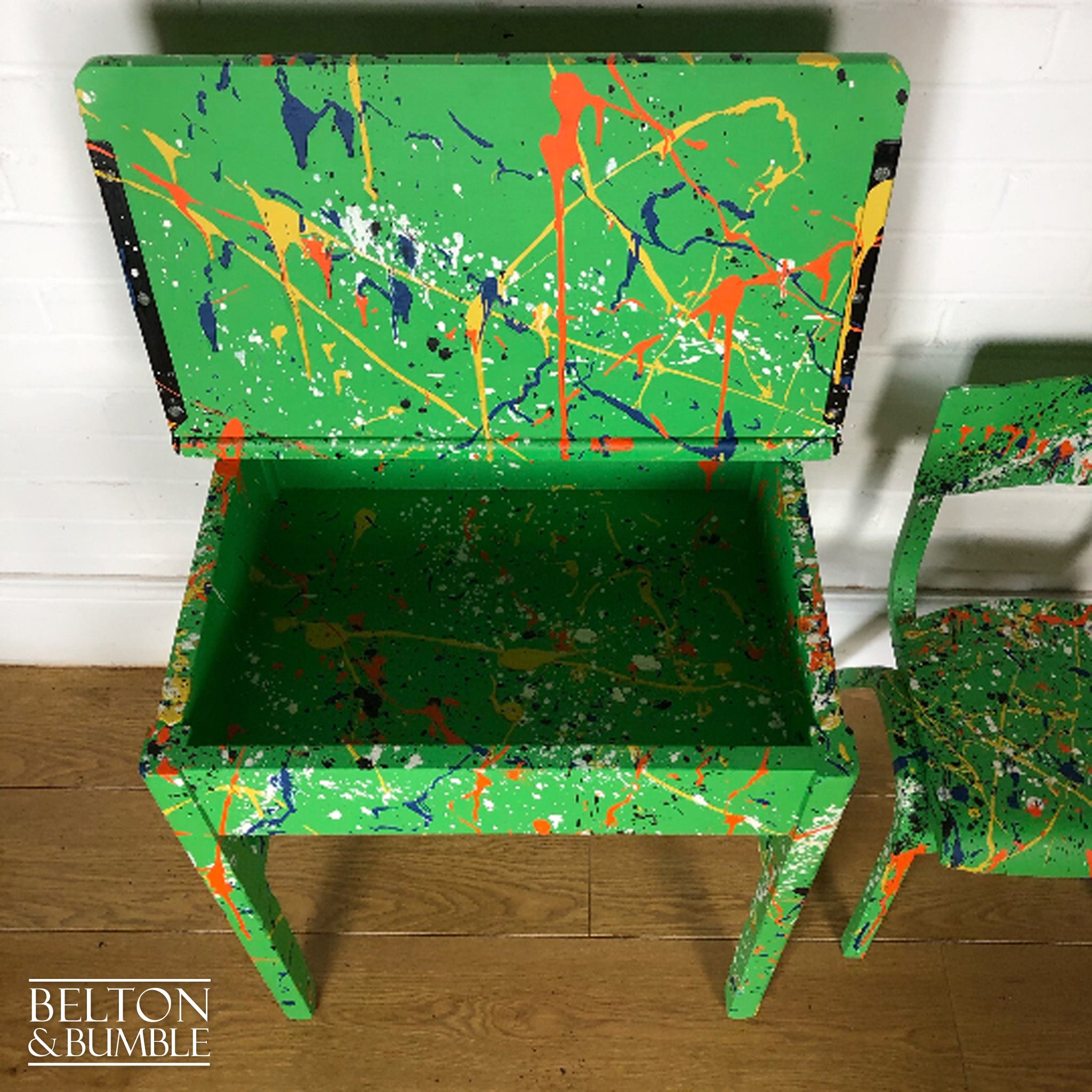 Old School Lift Lid Child’s Writing Desk and Chair in Bright Green with Multi Coloured Details-Belton & Bumble