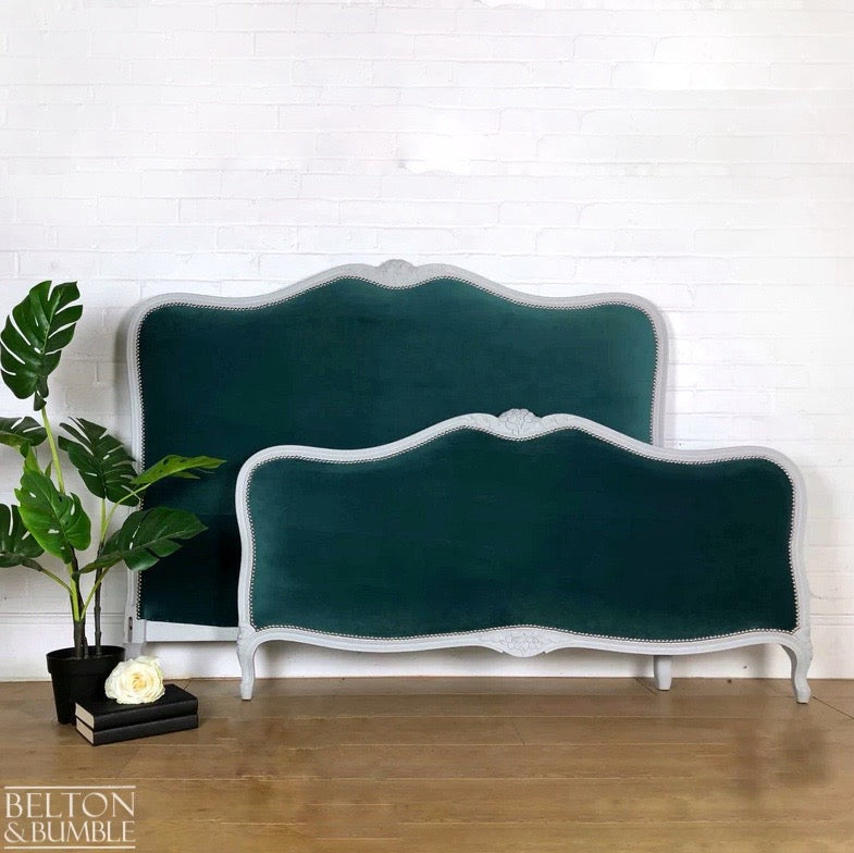 Ornate French Double Bed in Grey and Green Velvet-Belton & Butler