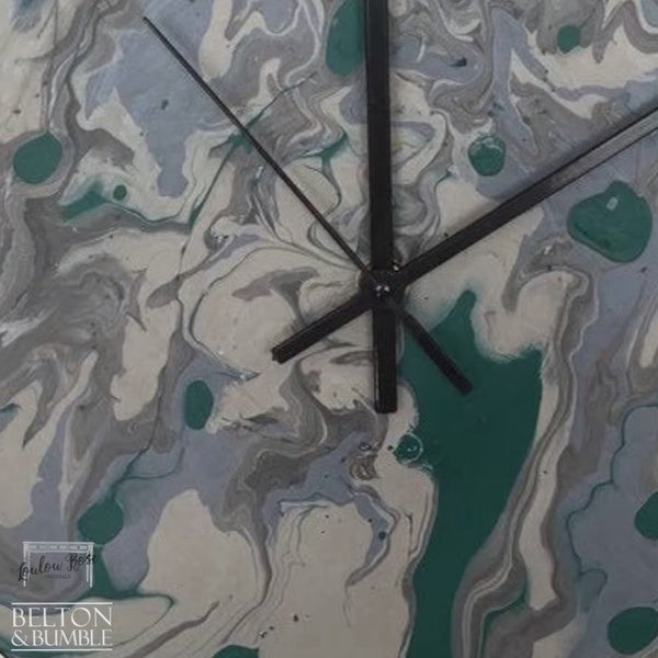 Green & Grey Vinyl Record Clock – Earthy Abstract Design —  close up shot highlighting layered pour patterns