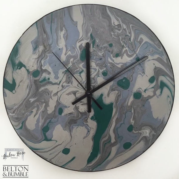 Green & Grey Vinyl Record Clock – Earthy Abstract Design — front view of 12-inch abstract vinyl clock