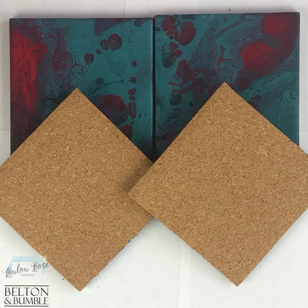 Green & Red Acrylic Pour Coasters — underside showing natural cork backing