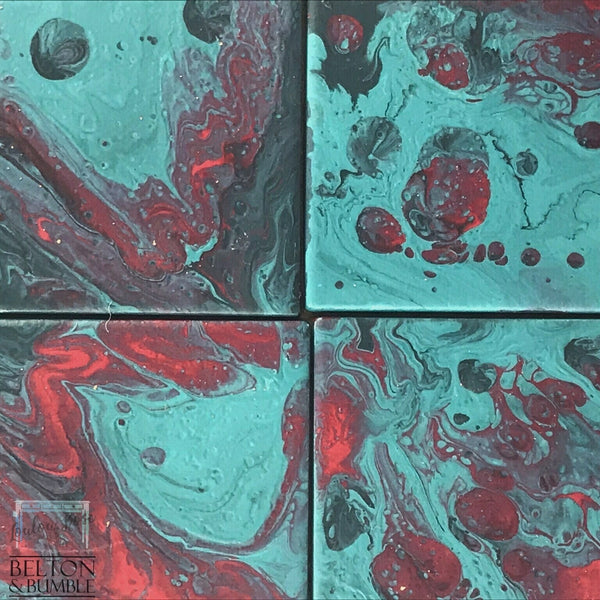 Green & Red Acrylic Pour Coasters — close-up of acrylic pour swirls and cells