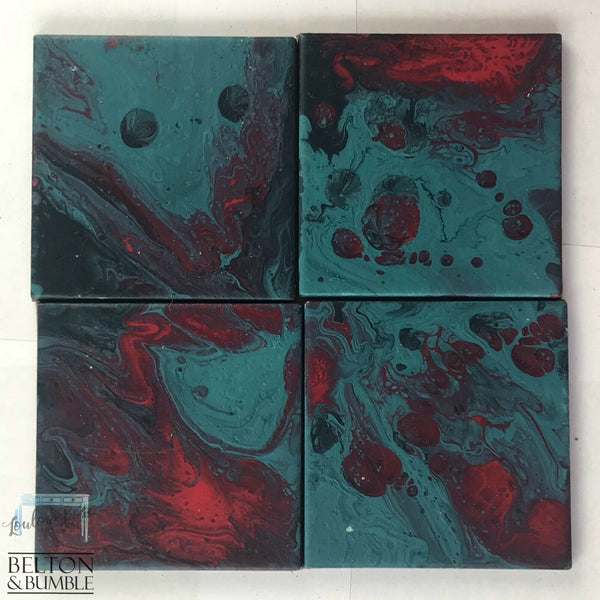 Green & Red Acrylic Pour Coasters — overhead grid showing full 4-piece set