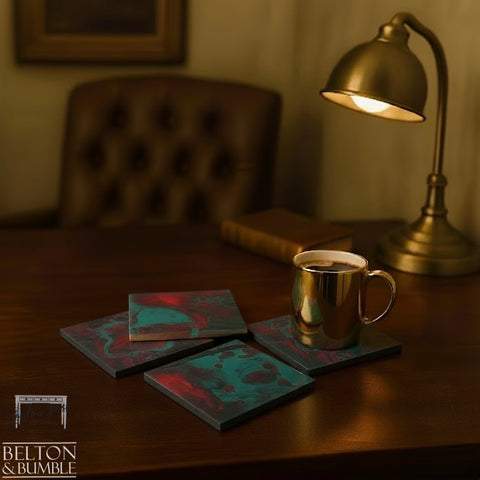 Green & Red Acrylic Pour Coasters — styled product shot