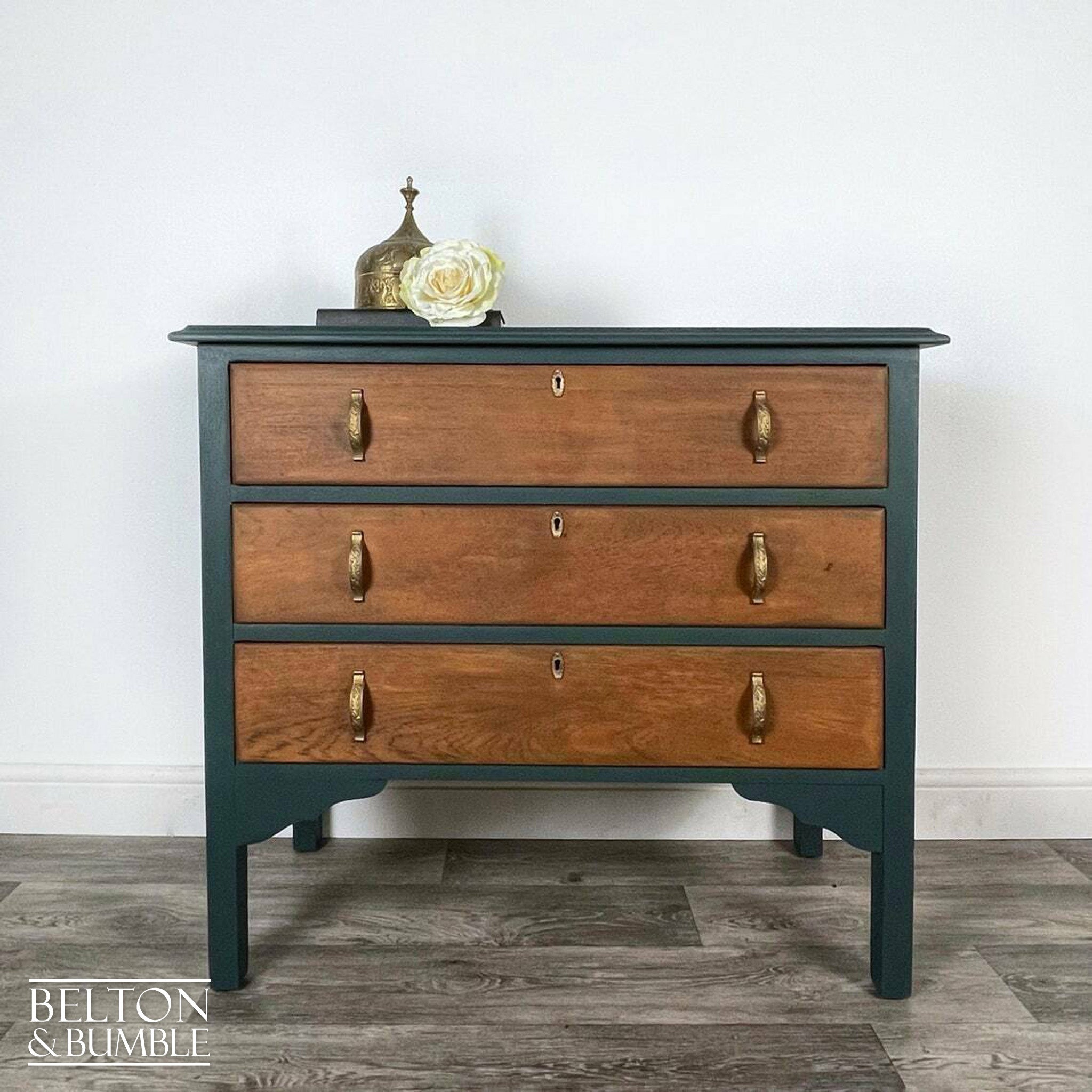Three Drawer Chest of Drawers in Green and Oak-Belton & Bumble