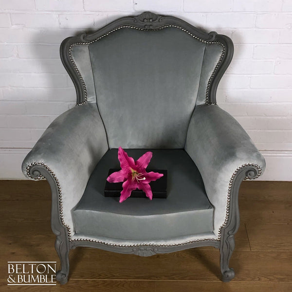 Louis Style Armchair Throne Reupholstered in Silver Grey Velvet-Belton & Butler