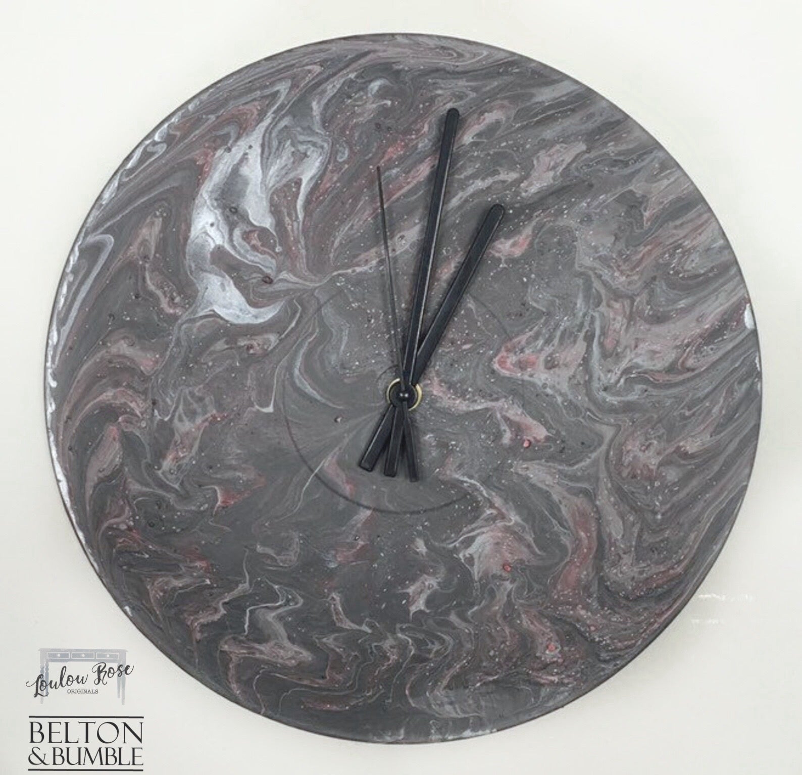 Grey & Pink Vinyl Record Clock — front view of 12-inch abstract vinyl clock