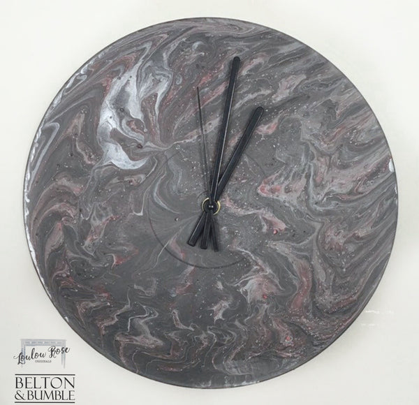 Grey & Pink Vinyl Record Clock — front view of 12-inch abstract vinyl clock