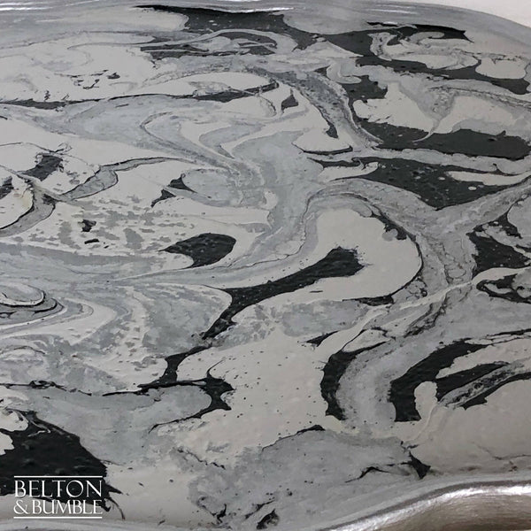 Grey Silver Pie Crust Side Table – Restored vintage piece in grey with detailed painted top in grey, black and silver