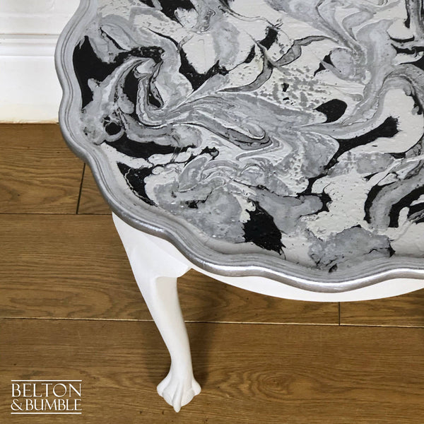Grey Silver Pie Crust Side Table – Restored vintage piece in grey with detailed painted top