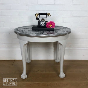 Grey Silver Pie Crust Side Table – Styled product shot with complementary decor to suggest scale