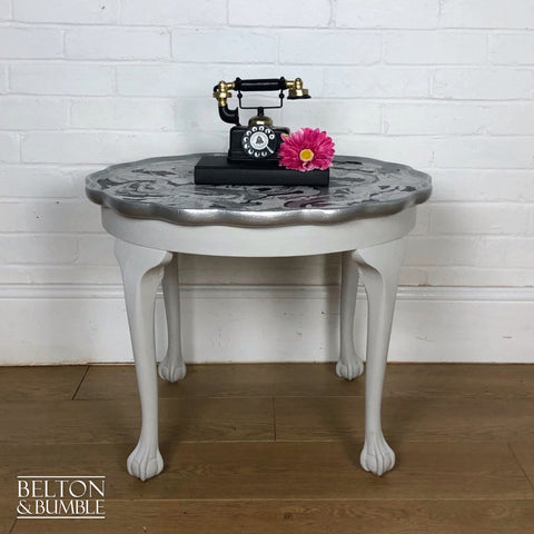 Grey Silver Pie Crust Side Table – Styled product shot with complementary decor to suggest scale