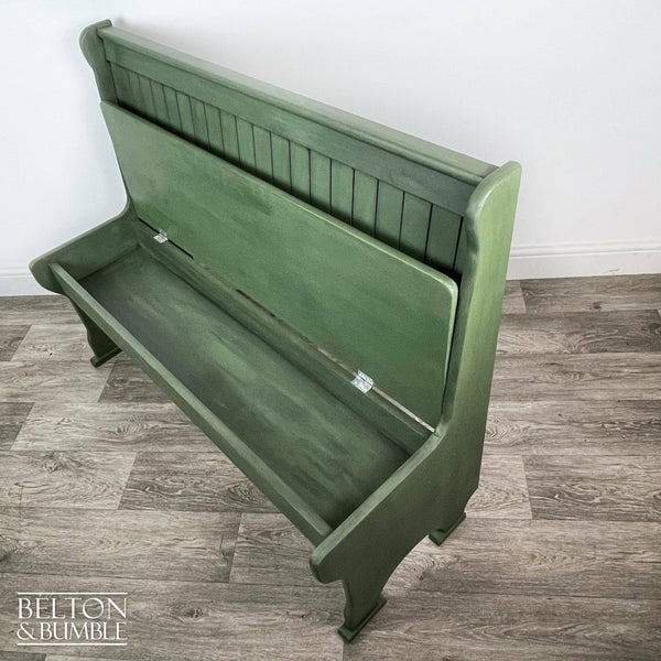 Vintage Pine Lift Lid Storage Bench Pew in Dark Olive Green-Belton & Butler