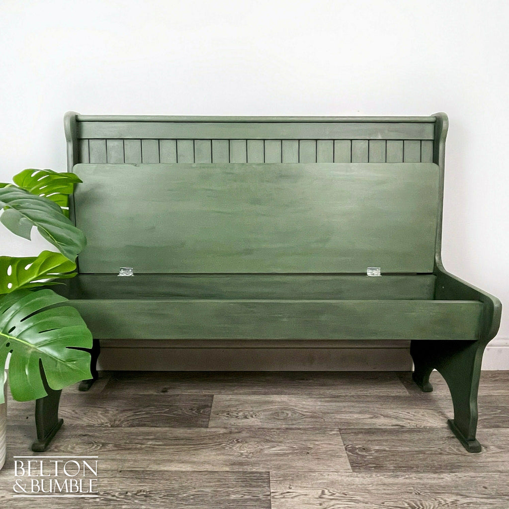Vintage Pine Lift Lid Storage Bench Pew in Dark Olive Green-Belton & Bumble