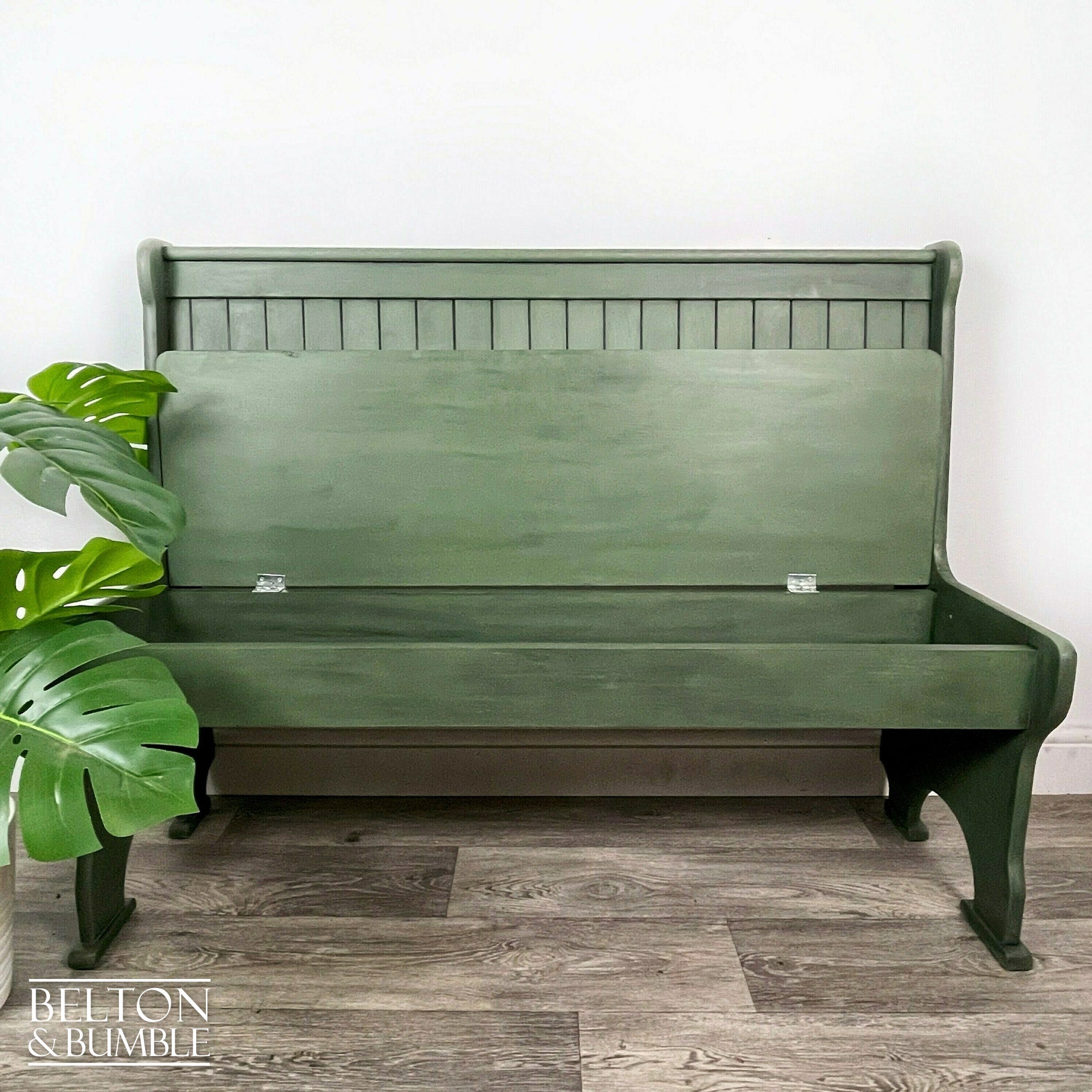 Vintage Pine Lift Lid Storage Bench Pew in Dark Olive Green-Belton & Bumble