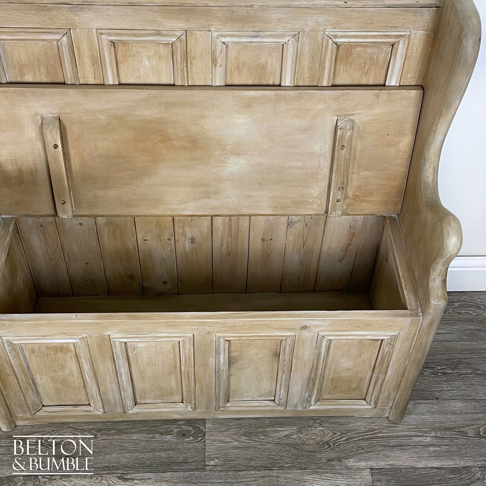 Vintage Pine Lift Lid Storage Bench Pew with a White Wash Weathered Finish-Belton & Bumble