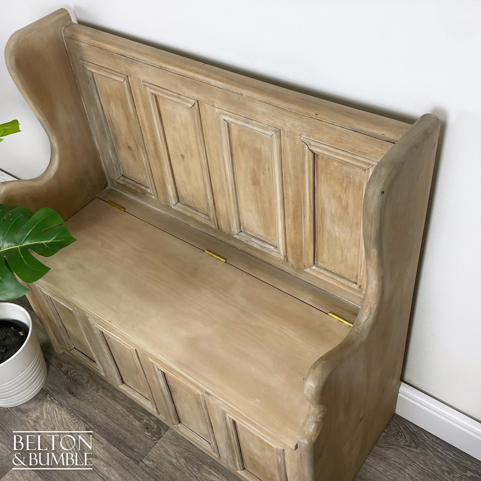 Vintage Pine Lift Lid Storage Bench Pew with a White Wash Weathered Finish-Belton & Bumble