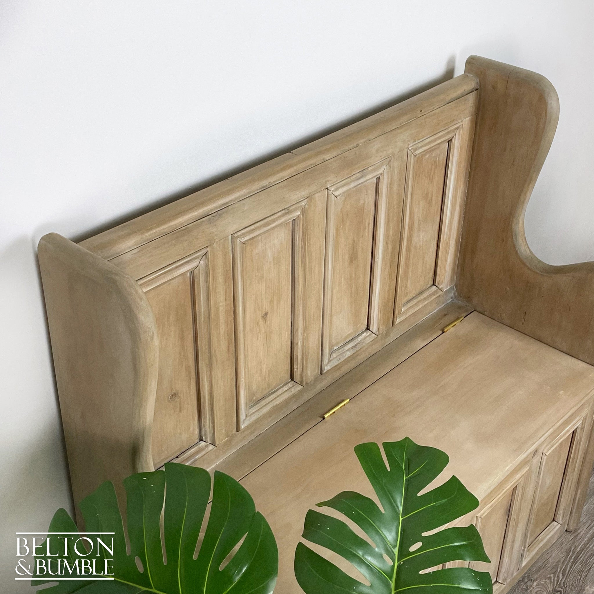 Vintage Pine Lift Lid Storage Bench Pew with a White Wash Weathered Finish-Belton & Bumble