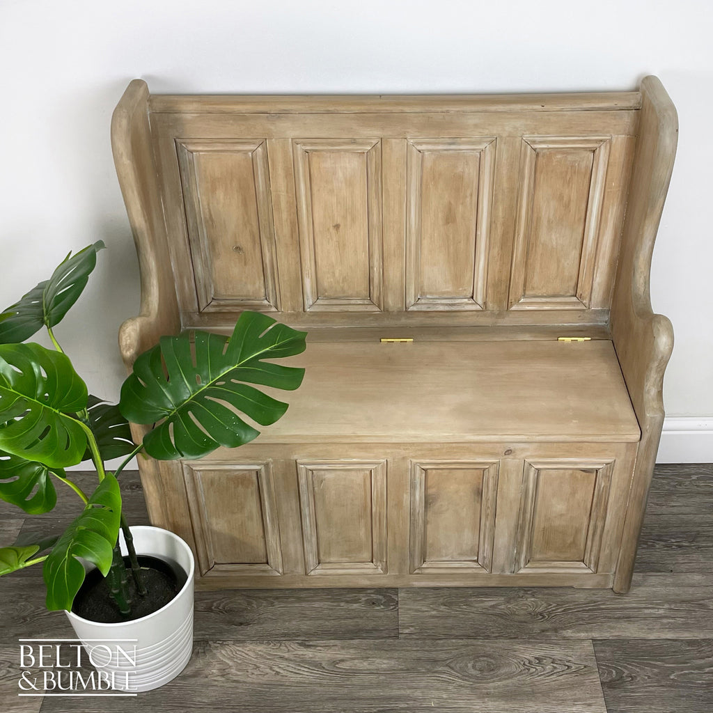 Vintage Pine Lift Lid Storage Bench Pew with a White Wash Weathered Finish-Belton & Bumble