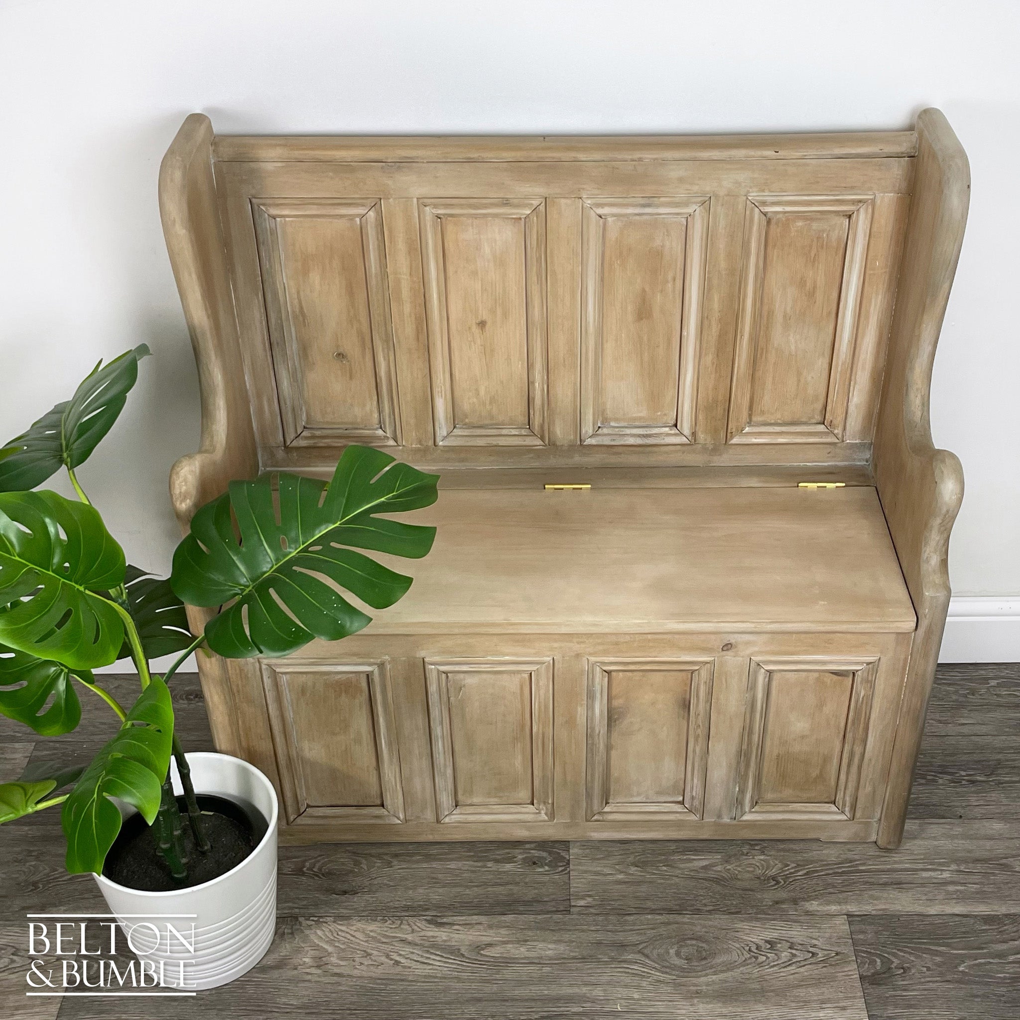 Vintage Pine Lift Lid Storage Bench Pew with a White Wash Weathered Finish-Belton & Bumble