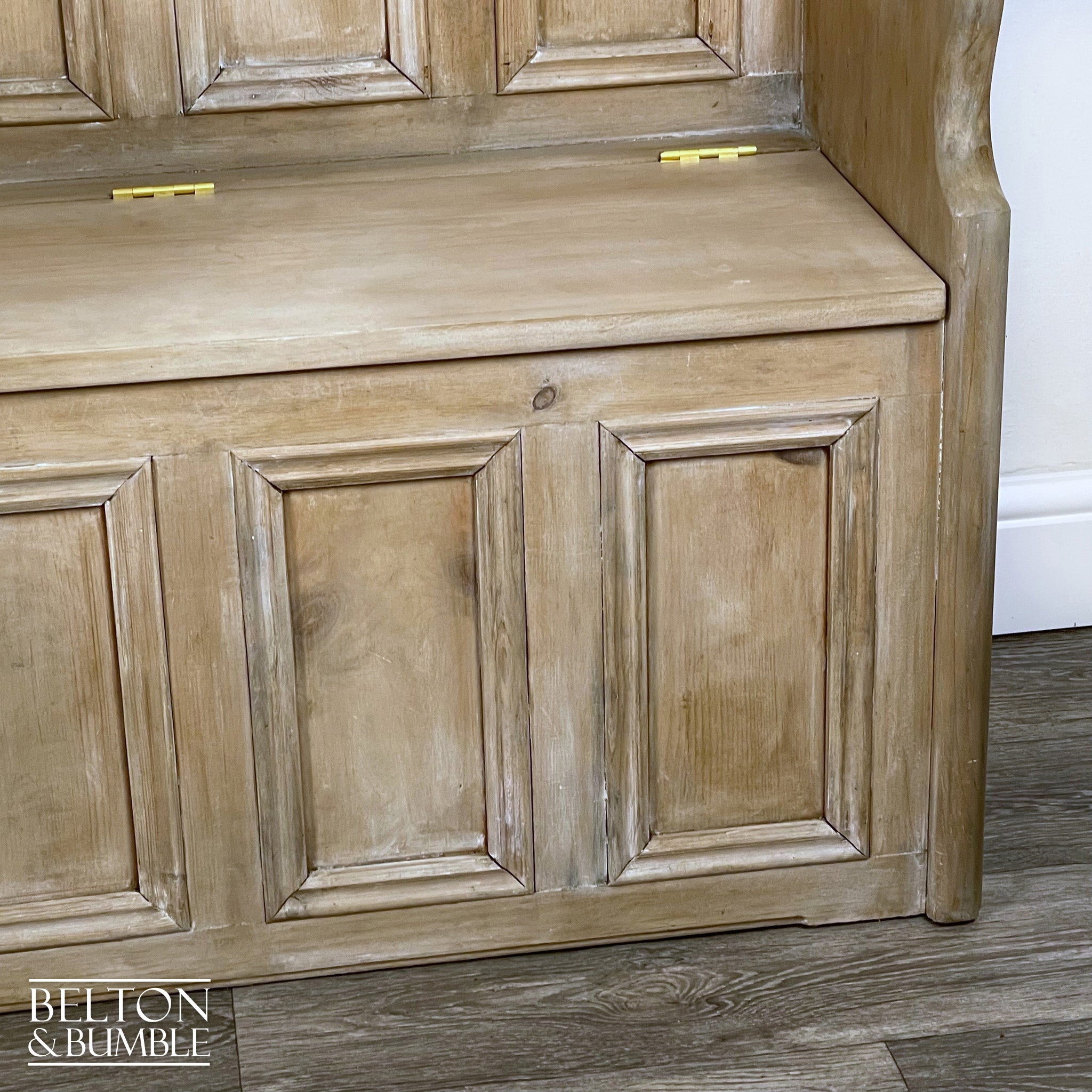 Vintage Pine Lift Lid Storage Bench Pew with a White Wash Weathered Finish-Belton & Bumble