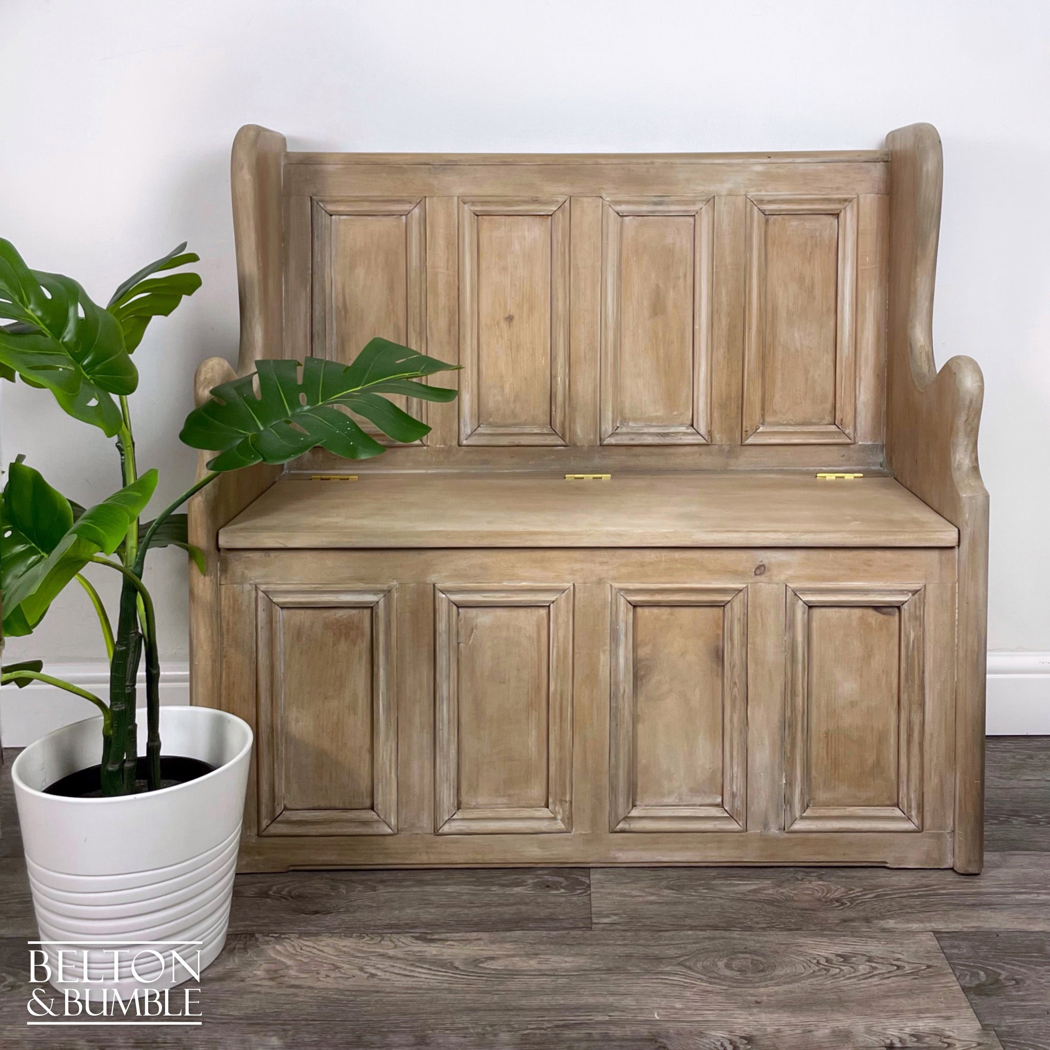 Vintage Pine Lift Lid Storage Bench Pew with a White Wash Weathered Finish-Belton & Bumble