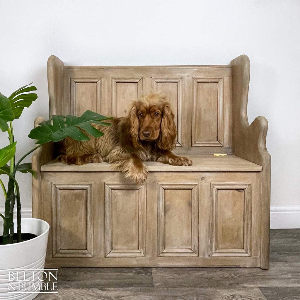 Vintage Pine Lift Lid Storage Bench Pew with a White Wash Weathered Finish-Belton & Bumble