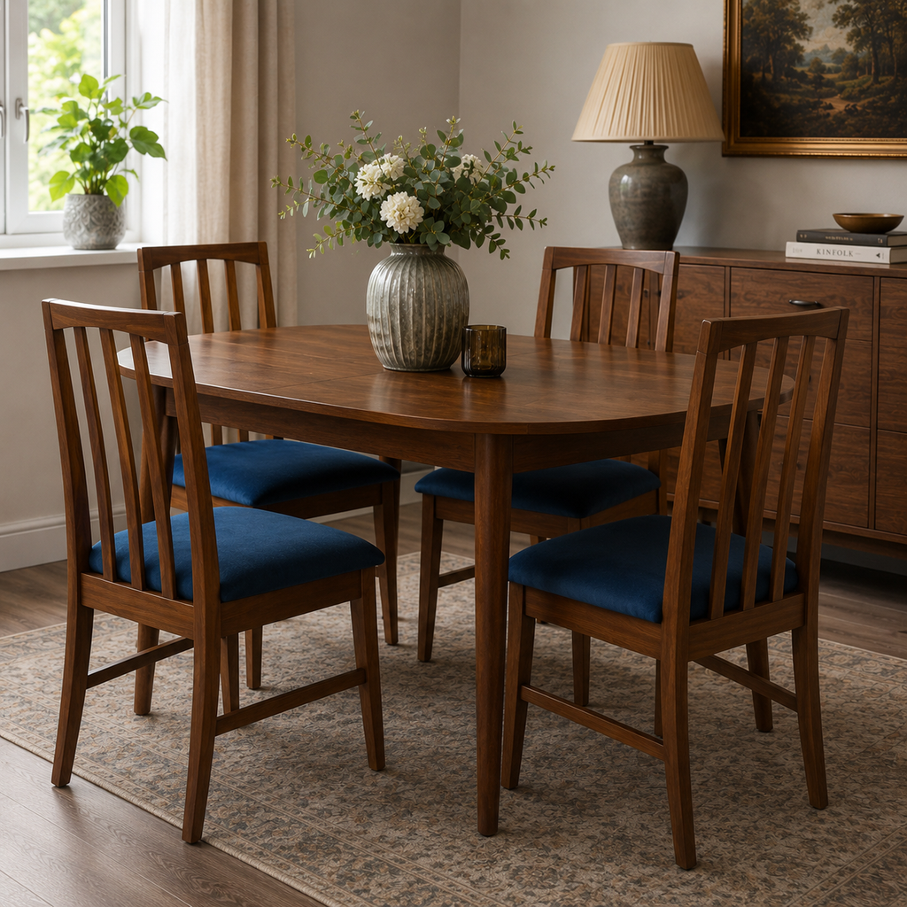 Set of Four Teak Dining Chairs with Navy Velvet