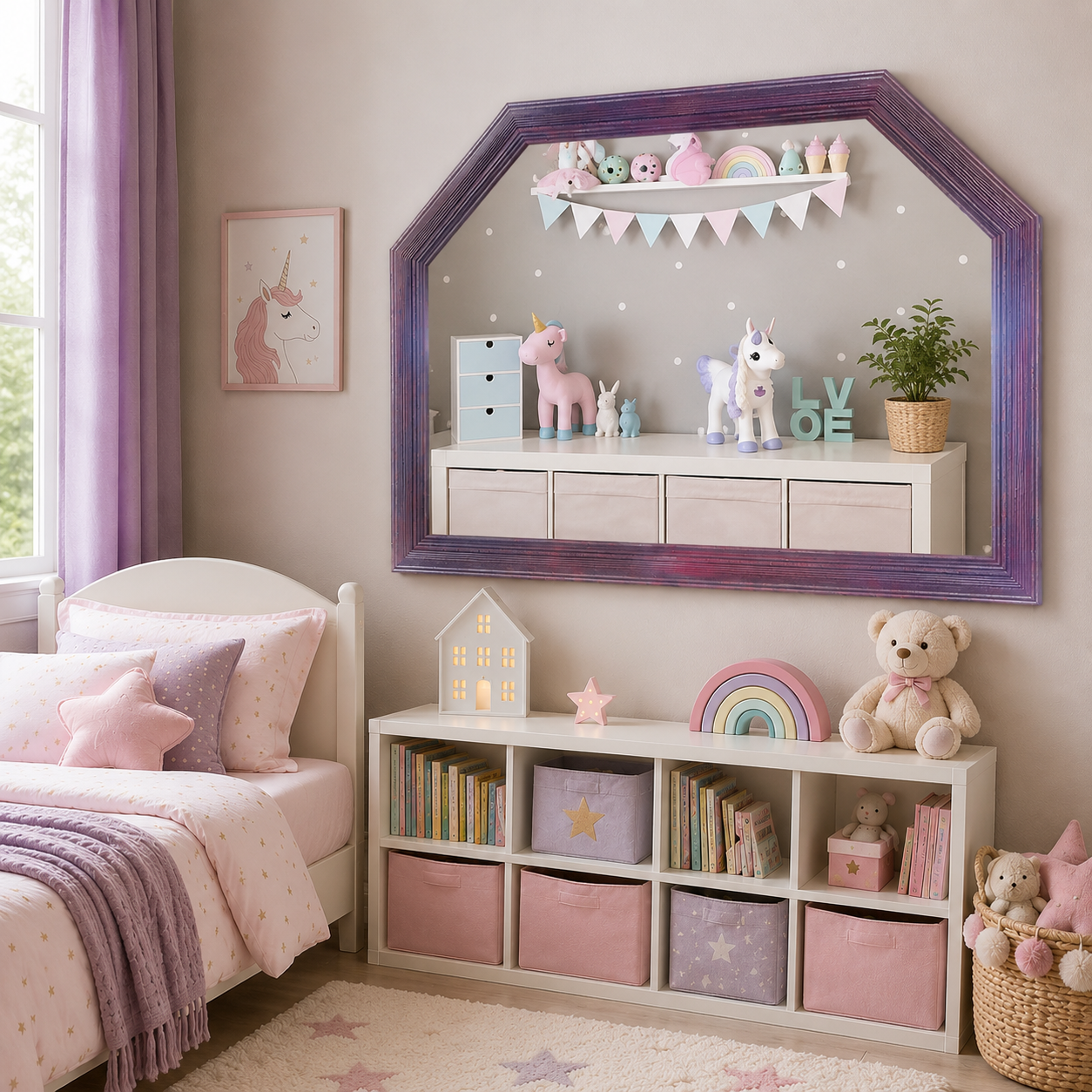 Hand Painted Hexagon Mirror – Pink, Purple & Silver