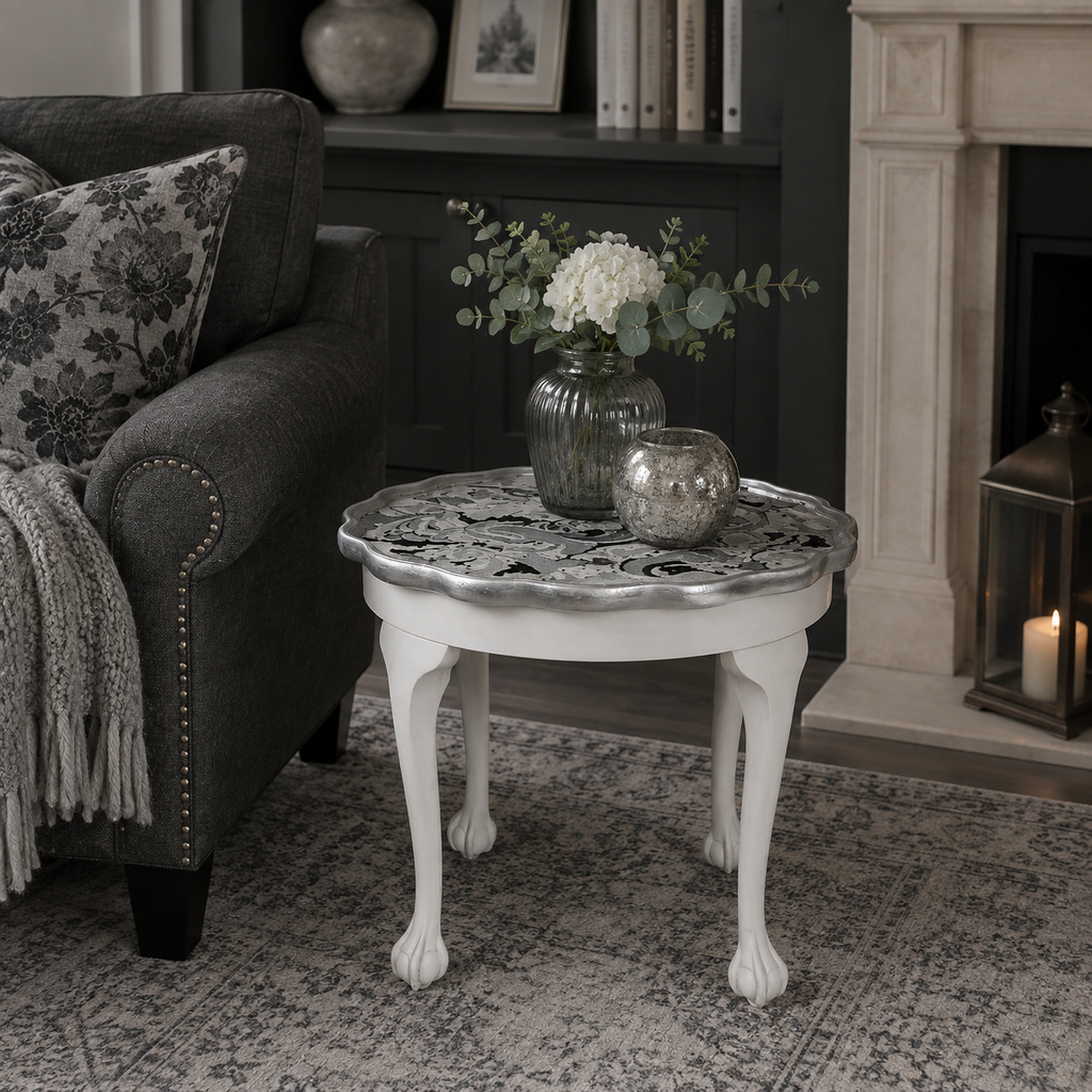 Grey & Silver Pie-Crust Side Table with Claw-and-Ball Feet