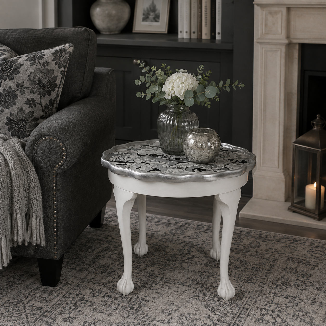 Grey & Silver Pie-Crust Side Table with Claw-and-Ball Feet
