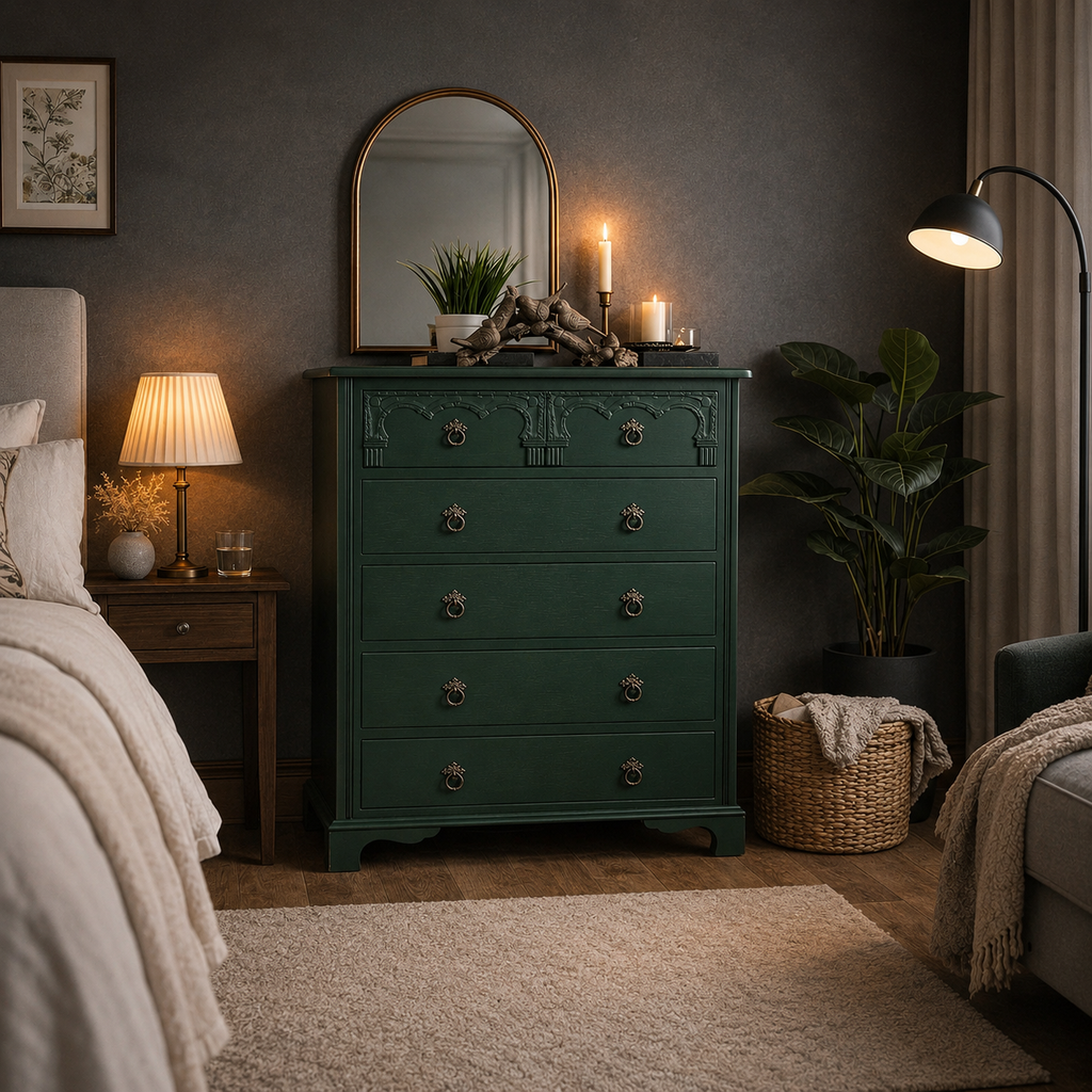 Five Drawer Chest of Drawers in Dark Jewel Green