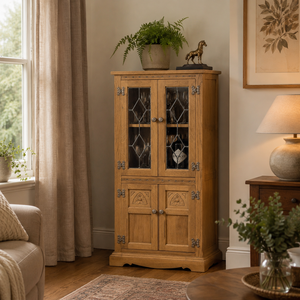 Old Charm Wood Brothers Lift Lid Cabinet in Washed Oak