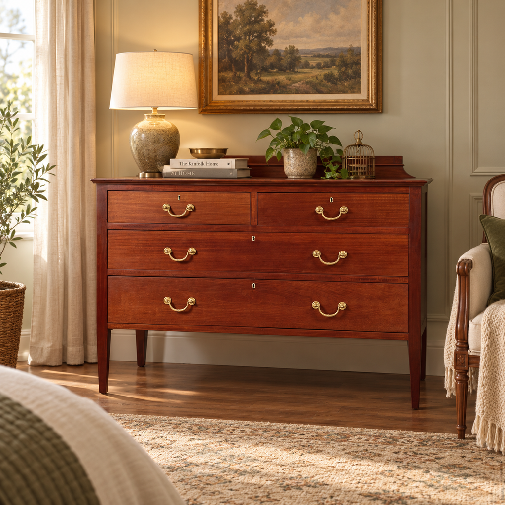 Vintage Mahogany Four Drawer Chest of Drawers with Gallery Back
